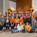 2018 Womens Bowling NAIA champions posing with their trophy