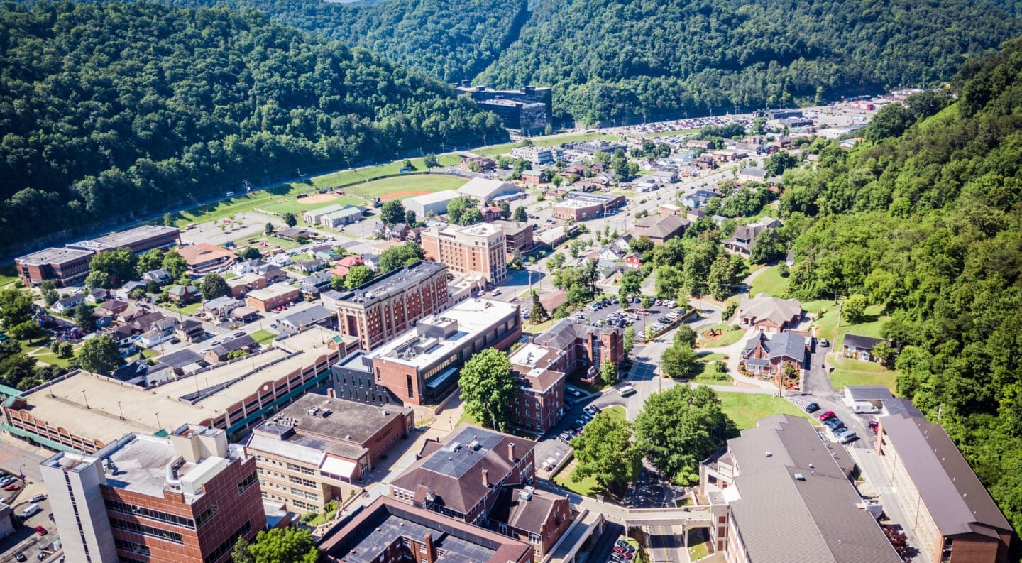 Aerial drone shot on campus and downtown pikeville, ky