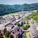 Aerial drone shot on campus and downtown pikeville, ky