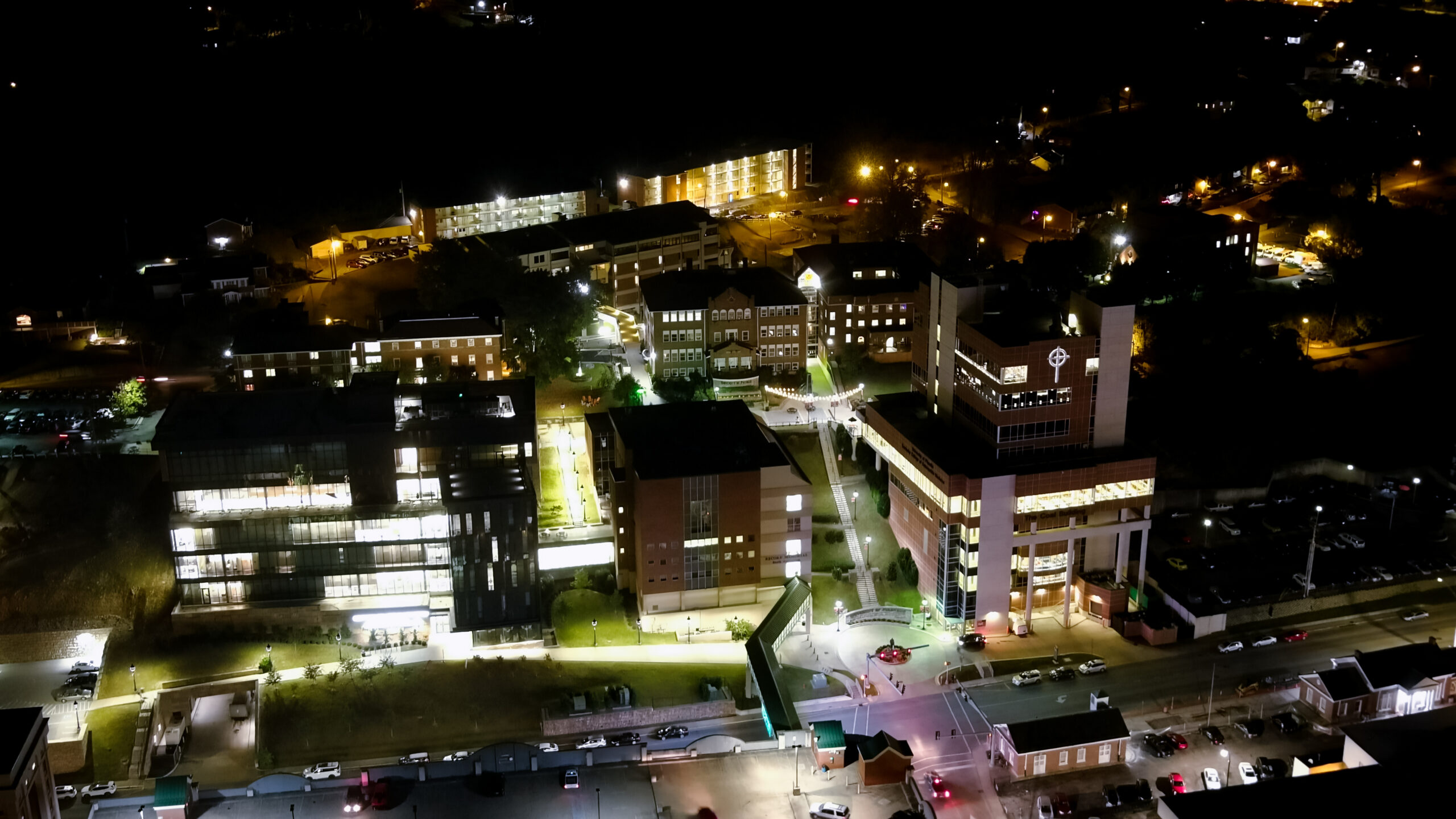 aerial photo of campus at night time