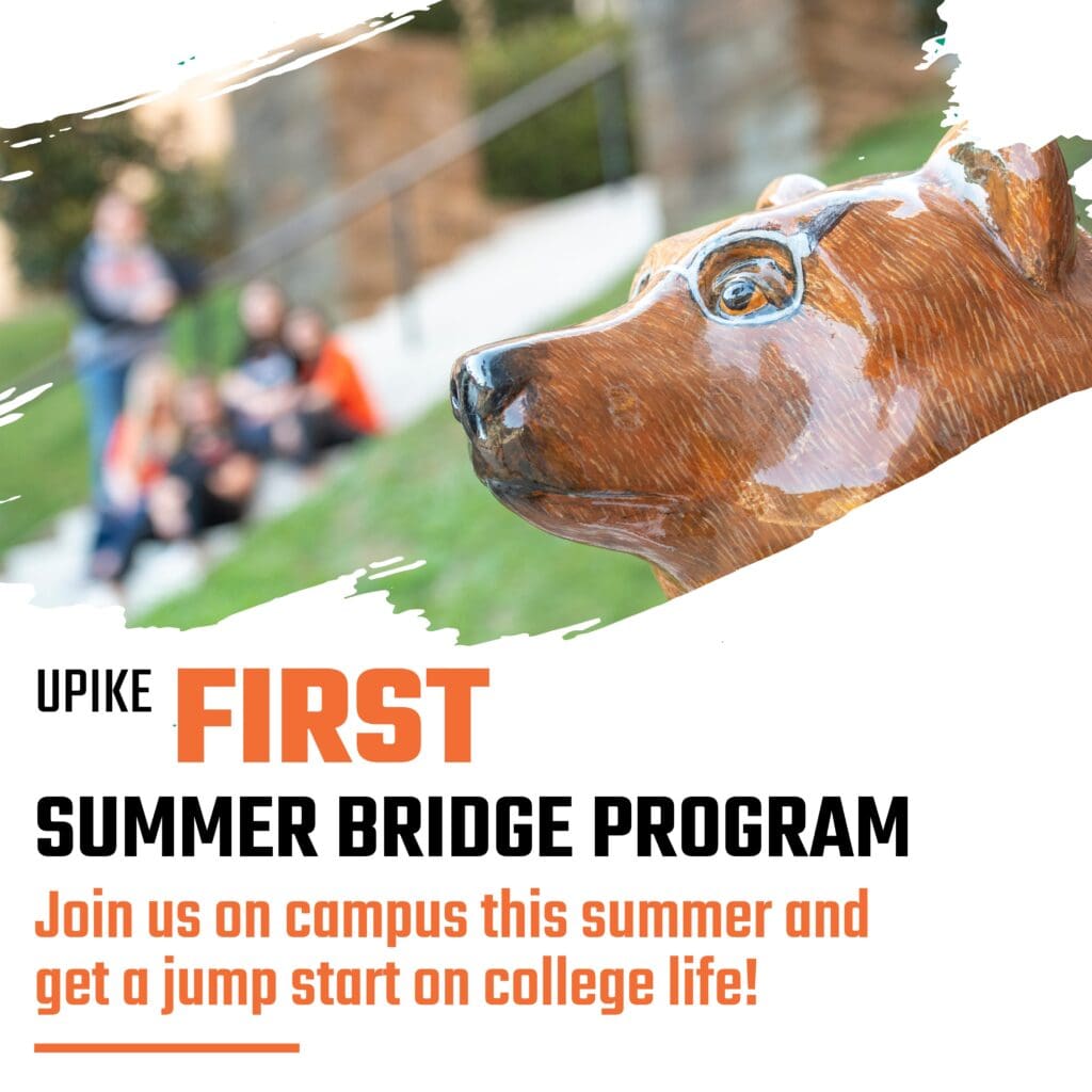 PIcture of bear statue at the bottom of the 99 steps. UPIKE First Summer Bridge Program. Join us on campus this summer and get a jump start on college life!