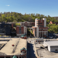 spring photo of campus shot by drone