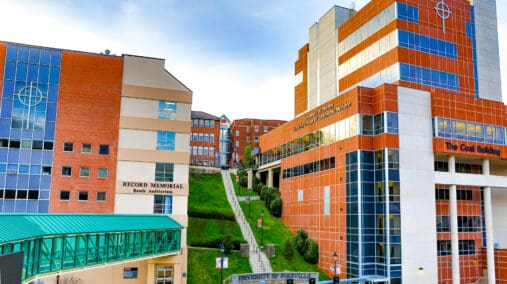 Campus photo with the 99 steps, Record and Coal Buidling