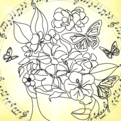 An artistic illustration of a human face in profile, drawn with a continuous black line. The top of the head is composed of an elaborate arrangement of blooming flowers, large leaves, and butterflies, symbolizing growth and creativity. Surrounding the head is a circular staff of musical notes, adding a sense of harmony and expression. The background is a radiant golden-yellow gradient with beams of light emanating from the center, giving the image a warm, uplifting, and radiant feel.