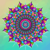 Digital flyer with a pastel rainbow gradient background. Centered is a vibrant, symmetrical mandala in pink, purple, blue, and green.