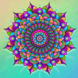 Digital flyer with a pastel rainbow gradient background. Centered is a vibrant, symmetrical mandala in pink, purple, blue, and green.