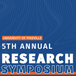 Promotional graphic for the University of Pikeville's 5th Annual Research Symposium. The event takes place on Friday, April 11, from 8:30 A.M. to 4:00 P.M. at the 7th Floor Events Center in the Health Professions Education Building. The graphic features a bold blue background with a subtle topographic pattern. The event title 'RESEARCH SYMPOSIUM' is displayed prominently in large white and navy blue text with an orange underline.