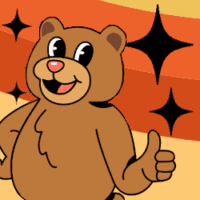 Cartoon illustration of a smiling bear giving a thumbs-up against an orange and yellow retro-style background with black starbursts.