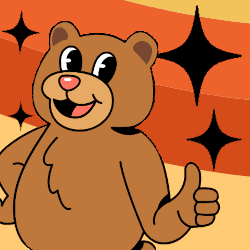 Cartoon illustration of a smiling bear giving a thumbs-up against an orange and yellow retro-style background with black starbursts.