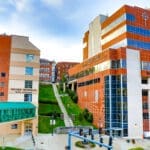 A wide shot of campus from the point of view of Hambley Blvd.