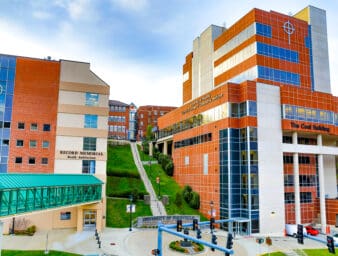 A wide shot of campus from the point of view of Hambley Blvd.